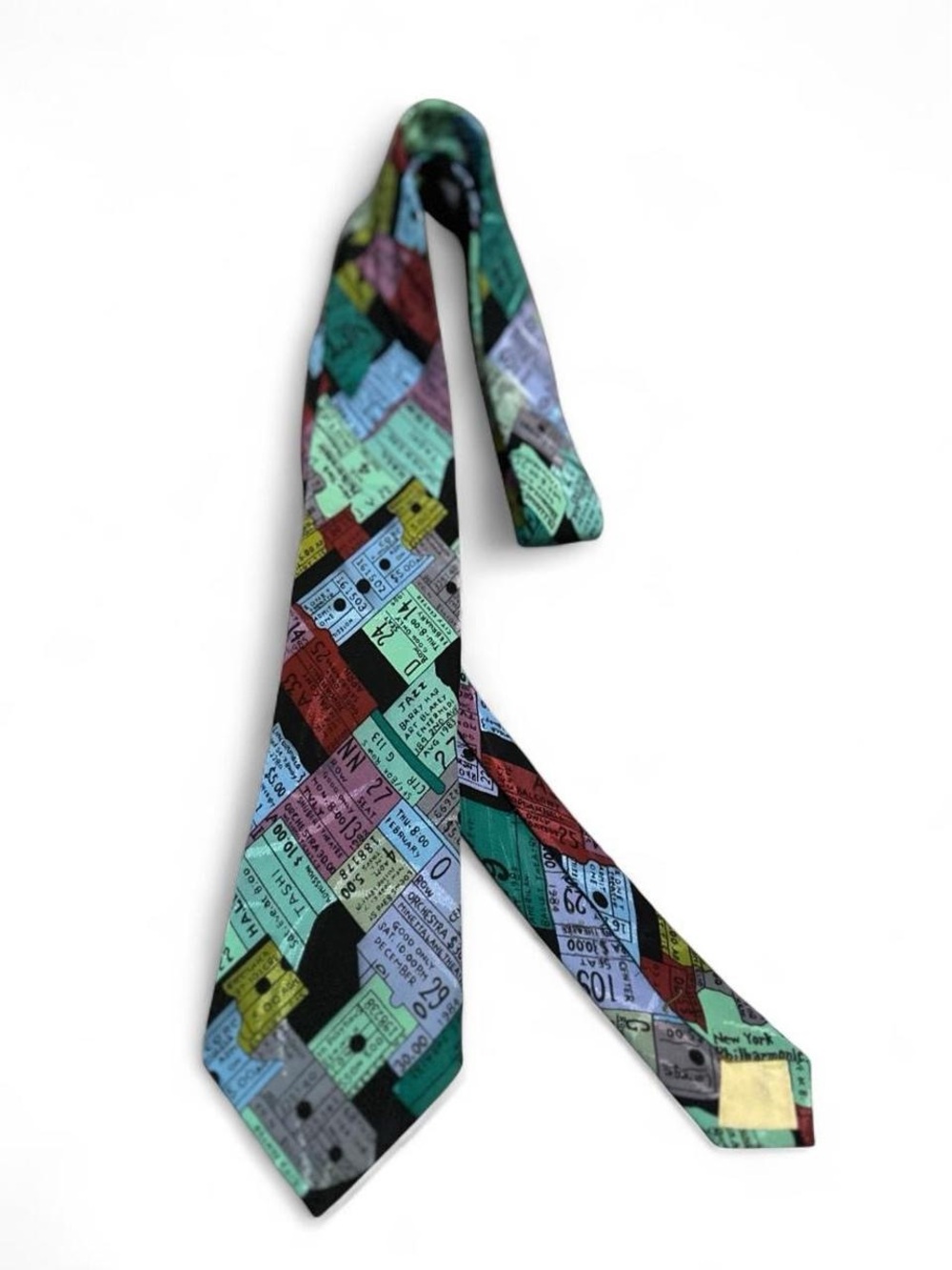 Vintage Nicole Miller 100% Silk Theater Ticket Collage Print Graphic Tie